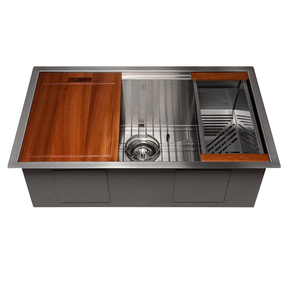 ZLINE Garmisch 30 in. Undermount Single Bowl Scratch Resistant Stainless Steel Kitchen Sink with Bottom Grid and Accessories (SLS-30S) front.