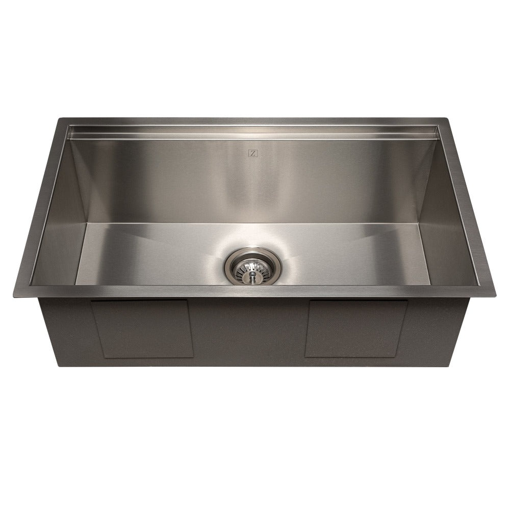 ZLINE Garmisch 30 in. Undermount Single Bowl Scratch Resistant Stainless Steel Kitchen Sink with Bottom Grid and Accessories (SLS-30S) front, no grid.