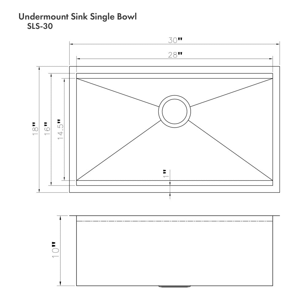 ZLINE Garmisch 30 in. Undermount Single Bowl Scratch Resistant Stainless Steel Kitchen Sink with Bottom Grid and Accessories (SLS-30S) dimensional diagram.