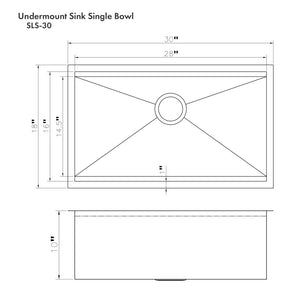 ZLINE Garmisch 30 in. Undermount Single Bowl Scratch Resistant Stainless Steel Kitchen Sink with Bottom Grid and Accessories (SLS-30S) dimensional diagram.