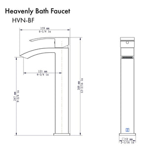 ZLINE Heavenly Single Handle Vessel Sink Bath Faucet in Brushed Nickel (HVN-BF-BN) dimensional diagram.