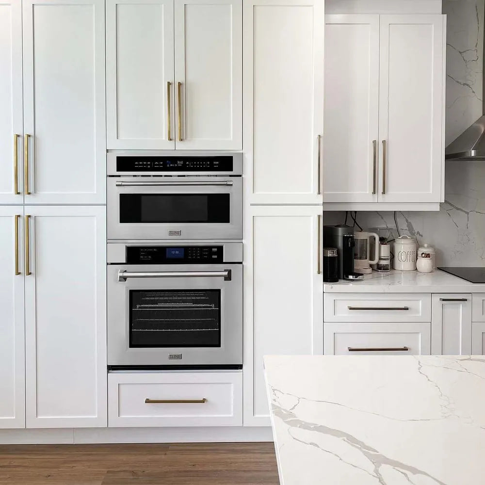 Microwave and wall oven combo in farmhouse-style kitchen.