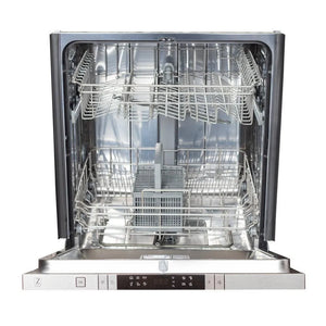 ZLINE 24 in. Top Control Dishwasher with Black Stainless Steel Panel and Modern Style Handle, 52dBa (DW-BS-H-24) front, open and empty.