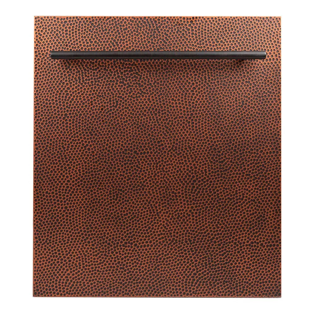 ZLINE 24 in. Top Control Dishwasher with Hand-Hammered Copper Panel and Modern Style Handle, 52dBa (DW-HH-24) front, closed.