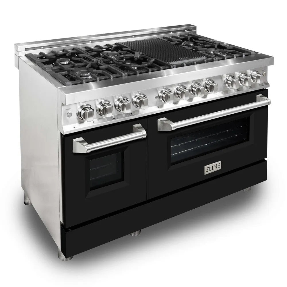ZLINE 48 in. 6.0 cu. ft. Legacy Dual Fuel Range with 7 Burner Gas Cooktop and 2 Electric Ovens in Stainless Steel and Black Matte Doors (RA-BLM-48) main image.