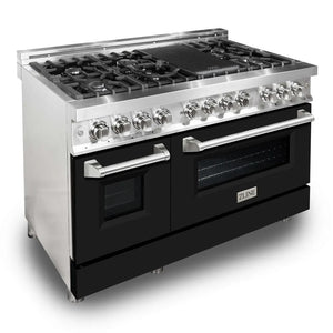 ZLINE 48 in. 6.0 cu. ft. Legacy Dual Fuel Range with 7 Burner Gas Cooktop and 2 Electric Ovens in Stainless Steel and Black Matte Doors (RA-BLM-48) main image.