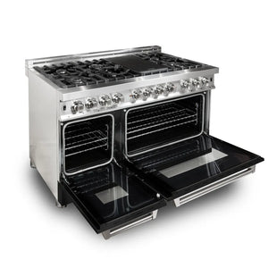 ZLINE 48 in. 6.0 cu. ft. Legacy Dual Fuel Range with 7 Burner Gas Cooktop and 2 Electric Ovens in Stainless Steel and Black Matte Doors (RA-BLM-48) side, ovens open.