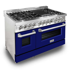 ZLINE 48 in. 6.0 cu. ft. Legacy Dual Fuel Range with 7 Burner Gas Cooktop and 2 Electric Ovens in Stainless Steel and Blue Matte Doors (RA-BM-48) main image.