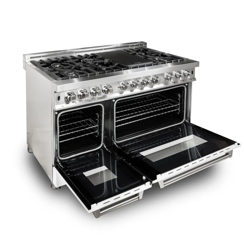 ZLINE 48 in. 6.0 cu. ft. Legacy Dual Fuel Range with 7 Burner Gas Cooktop and 2 Electric Ovens in Stainless Steel and White Matte Doors (RA-WM-48) side, oven open.
