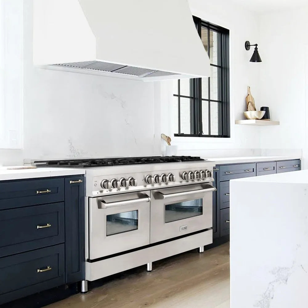ZLINE 60 in. 7.4 cu. ft. Legacy Dual Fuel Range with 9 Burner Gas Cooktop and 2 Electric Convection Ovens in Stainless Steel (RA60) in a luxury kitchen.