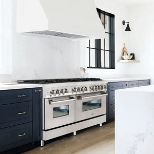 ZLINE 60 in. 7.4 cu. ft. Legacy Dual Fuel Range with 9 Burner Gas Cooktop and 2 Electric Convection Ovens in Stainless Steel (RA60) in a luxury kitchen.