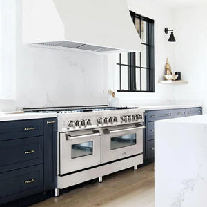 ZLINE 60 in. 7.4 cu. ft. Legacy Dual Fuel Range with Gas Cooktop and 2 Electric Convection Ovens in Stainless Steel with 8 Brass Burners (RA-BR-60) in a luxury kitchen.