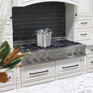 ZLINE 48 in. Legacy Gas Rangetop with 6 Brass Burners and Porcelain Cooktop in Satin Stainless Steel (RTS-BR-48) in a kitchen with a black tiled backsplash.