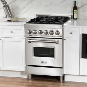 ZLINE 24 in. 2.8 cu. ft. Legacy Dual Fuel Range with 4 Burner Gas Cooktop and Electric Convection Oven in Stainless Steel (RA24) in a luxury kitchen.