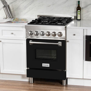 ZLINE 24 in. 2.8 cu. ft. Legacy Dual Fuel Range with 4 Burner Gas Cooktop and Electric Convection Oven in Stainless Steel and Black Matte Door (RA-BLM-24) in a luxury kitchen.