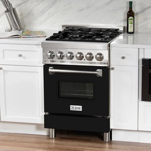ZLINE 24 in. 2.8 cu. ft. Legacy Dual Fuel Range with 4 Burner Gas Cooktop and Electric Convection Oven in Stainless Steel and Black Matte Door (RA-BLM-24) in a luxury kitchen.