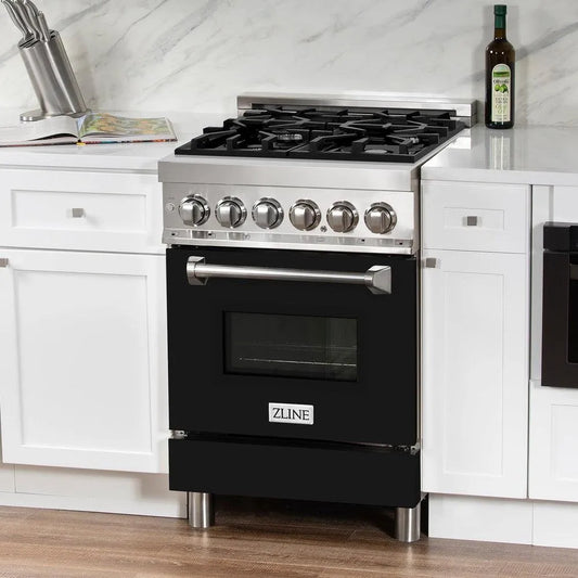 ZLINE 24 in. 2.8 cu. ft. Legacy Dual Fuel Range with 4 Burner Gas Cooktop and Electric Convection Oven in Stainless Steel and Black Matte Door (RA-BLM-24) in a luxury kitchen.