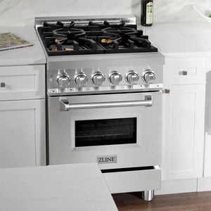 ZLINE 24 in. 2.8 cu. ft. Legacy Dual Fuel Range with Gas Cooktop and Electric Convection Oven in Stainless Steel with 4 Brass Burners (RA-BR-24) in a luxury kitchen.