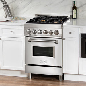 ZLINE 24 in. 2.8 cu. ft. Legacy Dual Fuel Range with Gas Cooktop and Electric Convection Oven in Stainless Steel with 4 Brass Burners (RA-BR-24) in a luxury kitchen.