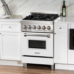 ZLINE 24 in. 2.8 cu. ft. Legacy Dual Fuel Range with 4 Burner Gas Cooktop and Electric Convection Oven in Stainless Steel and White Matte Door (RA-WM-24) in a luxury kitchen.