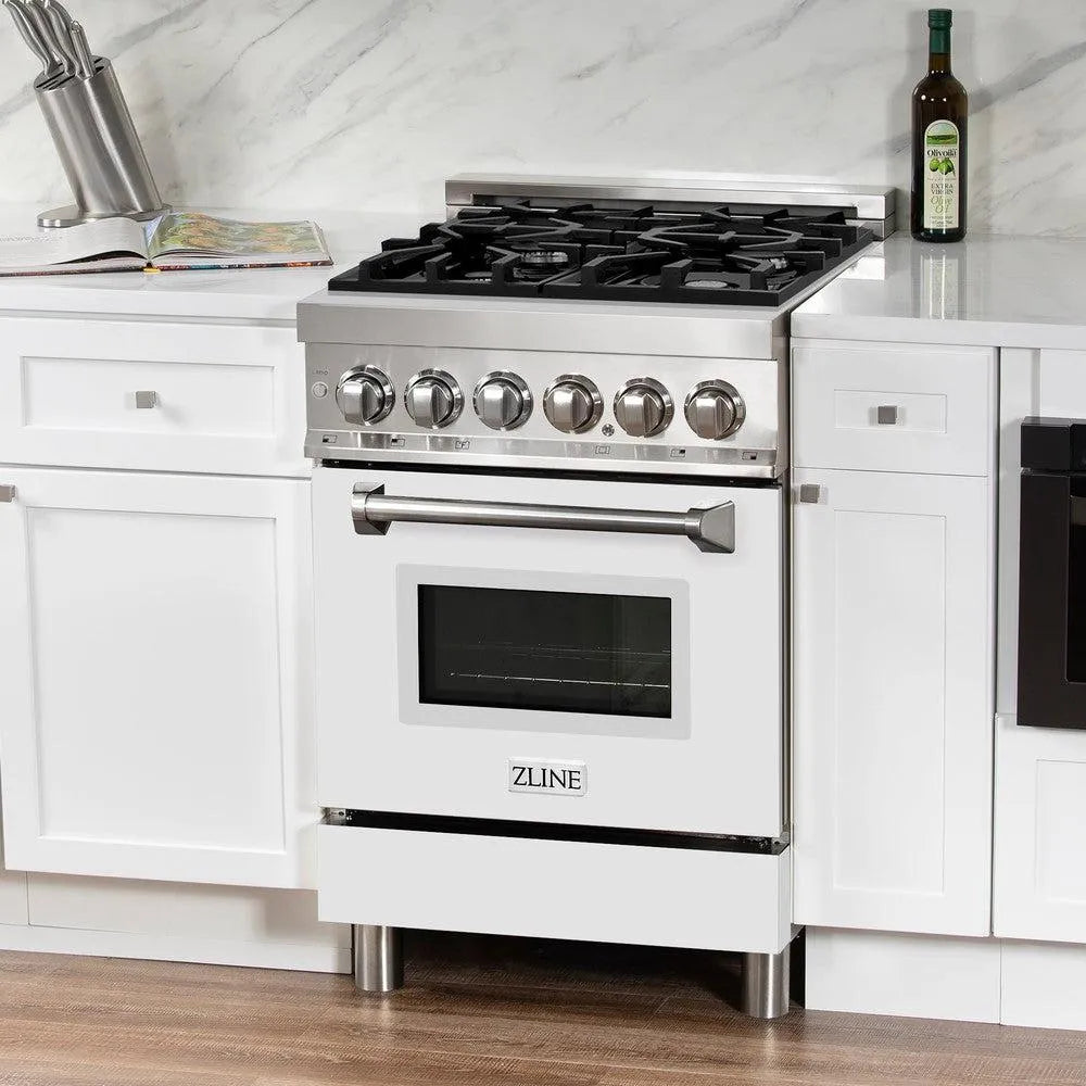 ZLINE 24 in. 2.8 cu. ft. Legacy Dual Fuel Range with 4 Burner Gas Cooktop and Electric Convection Oven in Stainless Steel and White Matte Door (RA-WM-24) in a luxury kitchen.