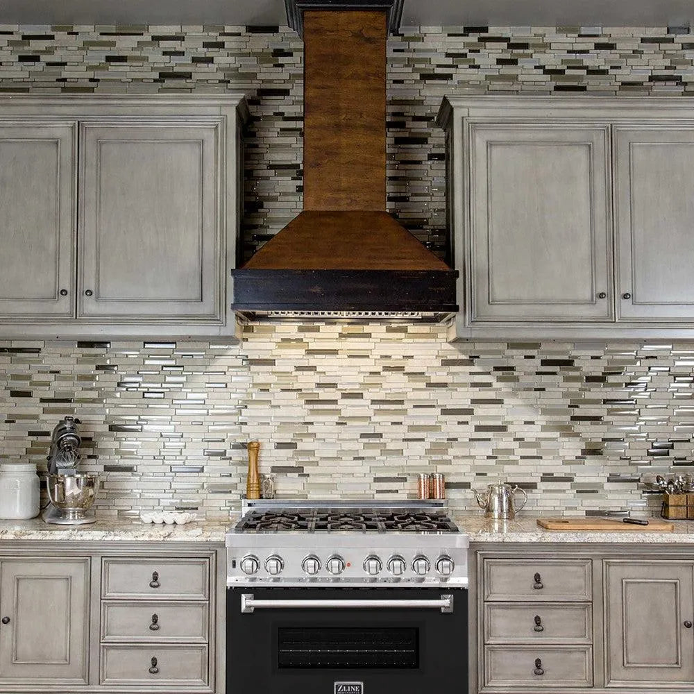 ZLINE 36 in. 4.6 cu. ft. Legacy Dual Fuel Range with 6 Burner Gas Cooktop and Electric Convection Oven in Stainless Steel and Black Matte Door (RA-BLM-36) in a luxury kitchen.