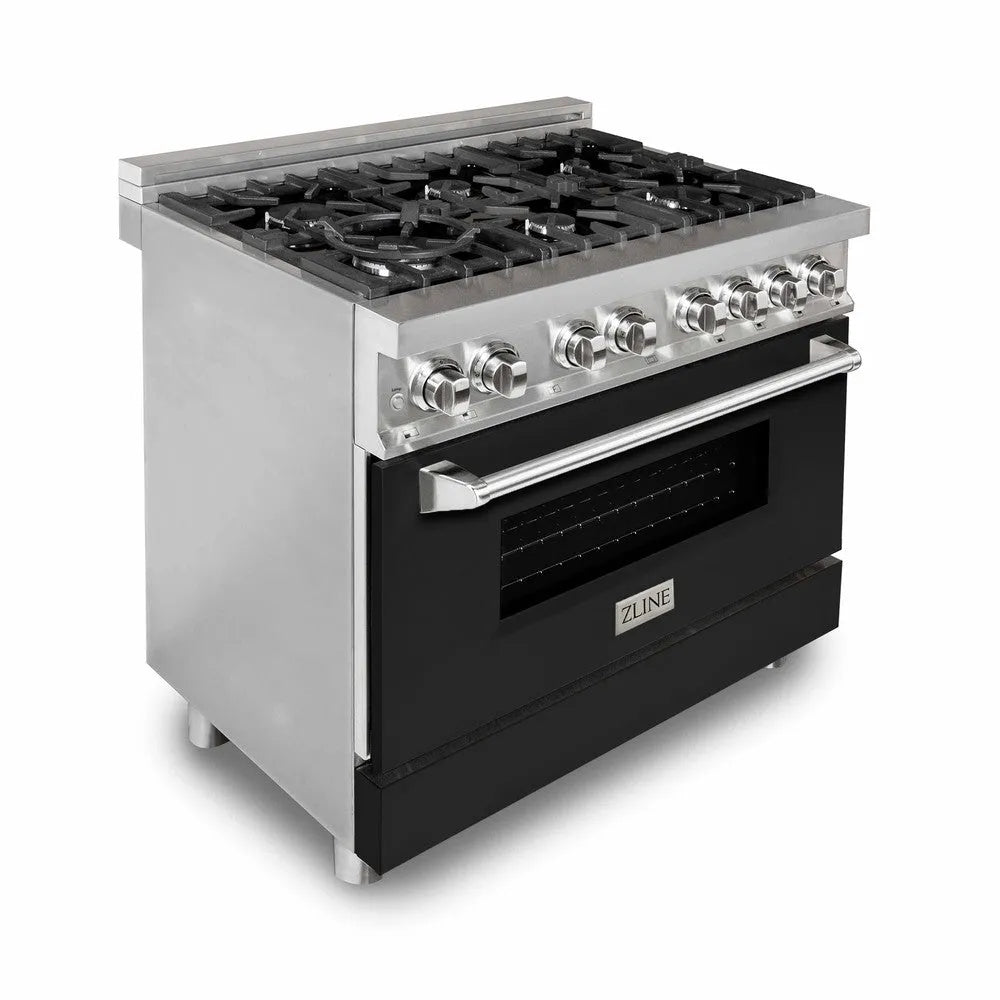 ZLINE 36 in. 4.6 cu. ft. Legacy Dual Fuel Range with 6 Burner Gas Cooktop and Electric Convection Oven in Stainless Steel and Black Matte Door (RA-BLM-36) main image.