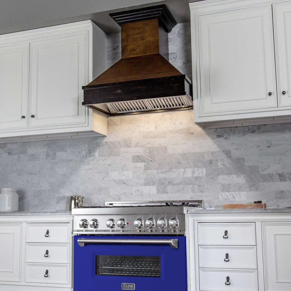 ZLINE 36 in. 4.6 cu. ft. Legacy Dual Fuel Range with 6 Burner Gas Cooktop and Electric Convection Oven in Stainless Steel and Blue Matte Door (RA-BM-36) in a luxury kitchen.