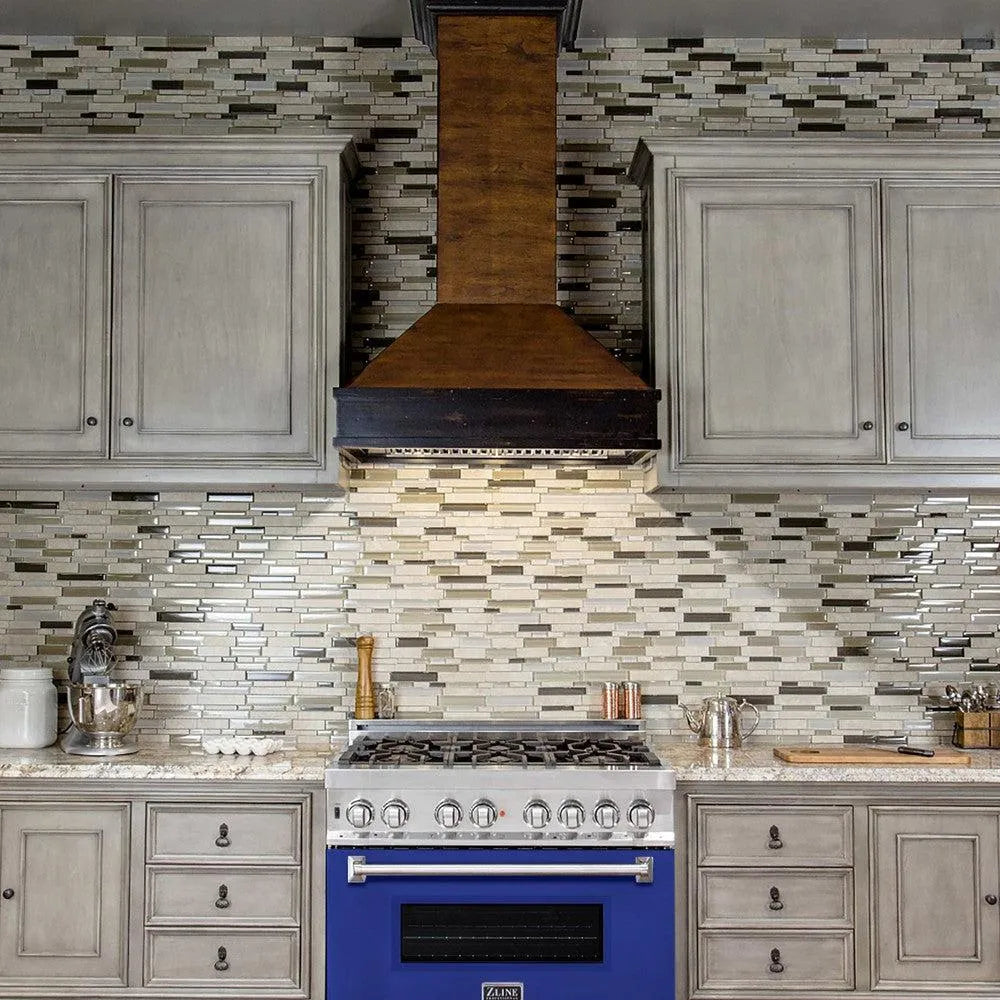 ZLINE 36 in. 4.6 cu. ft. Legacy Dual Fuel Range with 6 Burner Gas Cooktop and Electric Convection Oven in Stainless Steel and Blue Matte Door (RA-BM-36) in a luxury kitchen.