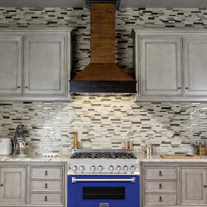 ZLINE 36 in. 4.6 cu. ft. Legacy Dual Fuel Range with 6 Burner Gas Cooktop and Electric Convection Oven in Stainless Steel and Blue Matte Door (RA-BM-36) in a luxury kitchen.