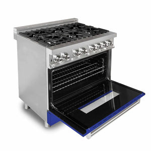 ZLINE 36 in. 4.6 cu. ft. Legacy Dual Fuel Range with 6 Burner Gas Cooktop and Electric Convection Oven in Stainless Steel and Blue Matte Door (RA-BM-36) side, oven open.
