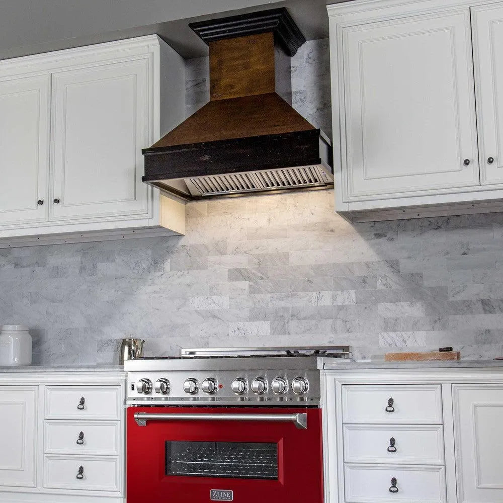 ZLINE 36 in. 4.6 cu. ft. Legacy Dual Fuel Range with 6 Burner Gas Cooktop and Electric Convection Oven in Stainless Steel and Red Gloss Door (RA-RG-36) in a luxury kitchen.