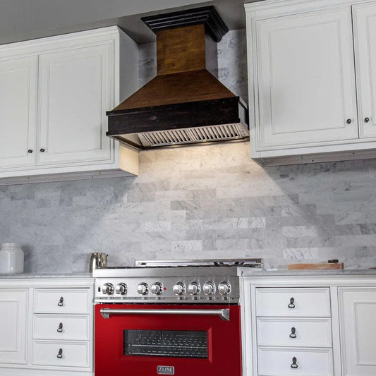 ZLINE 36 in. 4.6 cu. ft. Legacy Dual Fuel Range with 6 Burner Gas Cooktop and Electric Convection Oven in Stainless Steel and Red Gloss Door (RA-RG-36) in a luxury kitchen.