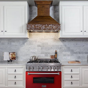 ZLINE 36 in. 4.6 cu. ft. Legacy Dual Fuel Range with 6 Burner Gas Cooktop and Electric Convection Oven in Stainless Steel and Red Gloss Door (RA-RG-36) in a luxury kitchen.