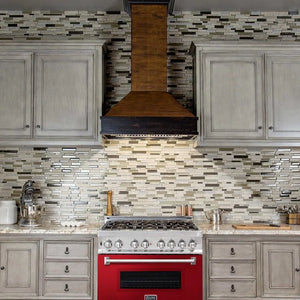 ZLINE 36 in. 4.6 cu. ft. Legacy Dual Fuel Range with 6 Burner Gas Cooktop and Electric Convection Oven in Stainless Steel and Red Gloss Door (RA-RG-36) in a luxury kitchen.