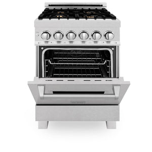 ZLINE 24 in. 2.8 cu. ft. Legacy Dual Fuel Range with Gas Cooktop and Electric Convection Oven in Satin Stainless Steel with 4 Brass Burners (RAS-SN-BR-24) front, oven closed.