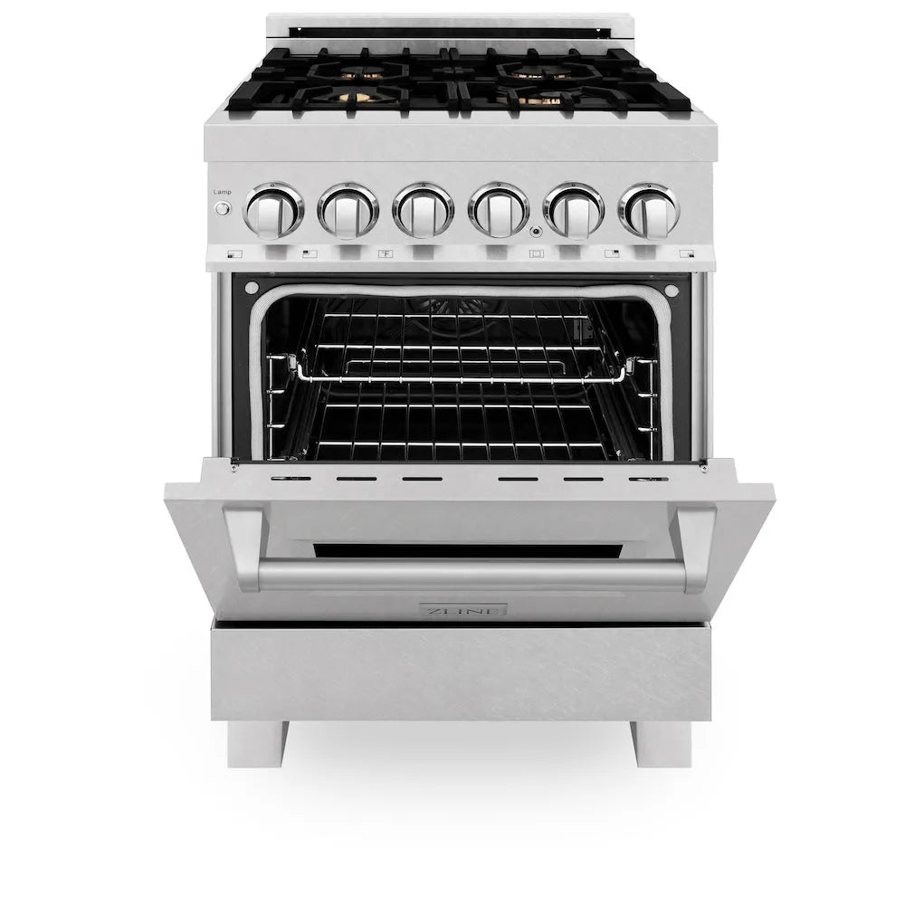 ZLINE 24 in. 2.8 cu. ft. Legacy Dual Fuel Range with Gas Cooktop and Electric Convection Oven in Satin Stainless Steel with 4 Brass Burners (RAS-SN-BR-24) front, oven closed.