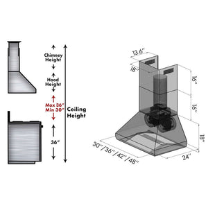 ZLINE Professional Ducted Wall Mount Range Hood in Stainless Steel (687) dimensional diagram.