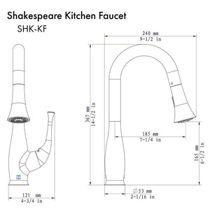 ZLINE Shakespeare Pull Down Kitchen Faucet in Matte Black (SHK-KF-MB) dimensional diagram.