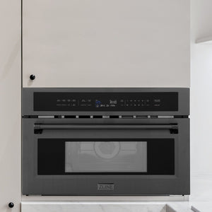 ZLINE 30 in. 1.6 cu ft. Black Stainless Steel Built-in Convection Microwave Oven (MWO-30-BS) in a luxury kitchen.