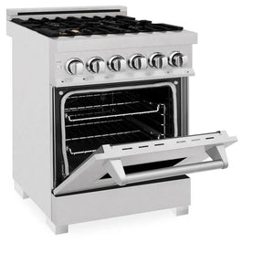 ZLINE 24 in. 2.8 cu. ft. Legacy Dual Fuel Range with Gas Cooktop and Electric Convection Oven in Satin Stainless Steel with 4 Brass Burners (RAS-SN-BR-24) side, oven half open.