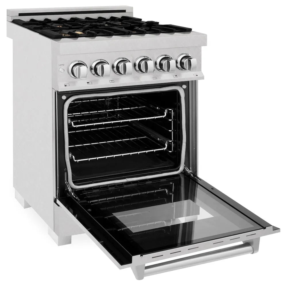 ZLINE 24 in. 2.8 cu. ft. Legacy Dual Fuel Range with Gas Cooktop and Electric Convection Oven in Satin Stainless Steel with 4 Brass Burners (RAS-SN-BR-24) side, oven open.