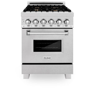 ZLINE 24 in. 2.8 cu. ft. Legacy Dual Fuel Range with Gas Cooktop and Electric Convection Oven in Satin Stainless Steel with 4 Brass Burners (RAS-SN-BR-24) front, oven closed.
