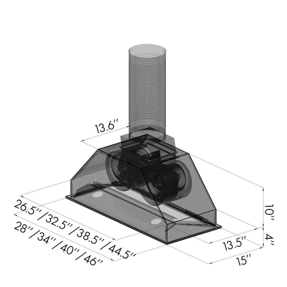 ZLINE 28 in. Ducted Wall Mount Range Hood Insert in Outdoor Approved Stainless Steel (695-304-28) dimensional diagram.