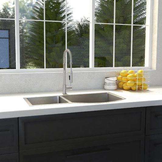 ZLINE Cortina 33 in. Undermount Double Bowl Stainless Steel Kitchen Sink with Bottom Grid (SC70D-33) in a cottage-style kitchen, front.