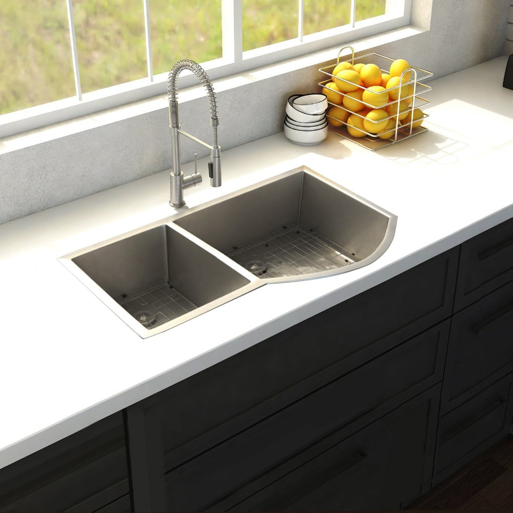 ZLINE Cortina 33 in. Undermount Double Bowl Stainless Steel Kitchen Sink with Bottom Grid (SC70D-33) in a cottage-style kitchen, above.