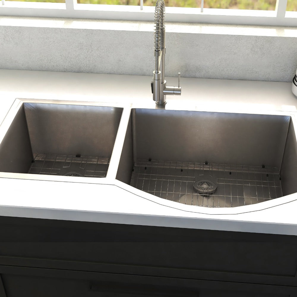 ZLINE Cortina 33 in. Undermount Double Bowl Stainless Steel Kitchen Sink with Bottom Grid (SC70D-33) in a cottage-style kitchen, close-up.