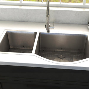 ZLINE Cortina 33 in. Undermount Double Bowl Stainless Steel Kitchen Sink with Bottom Grid (SC70D-33) in a cottage-style kitchen, close-up.