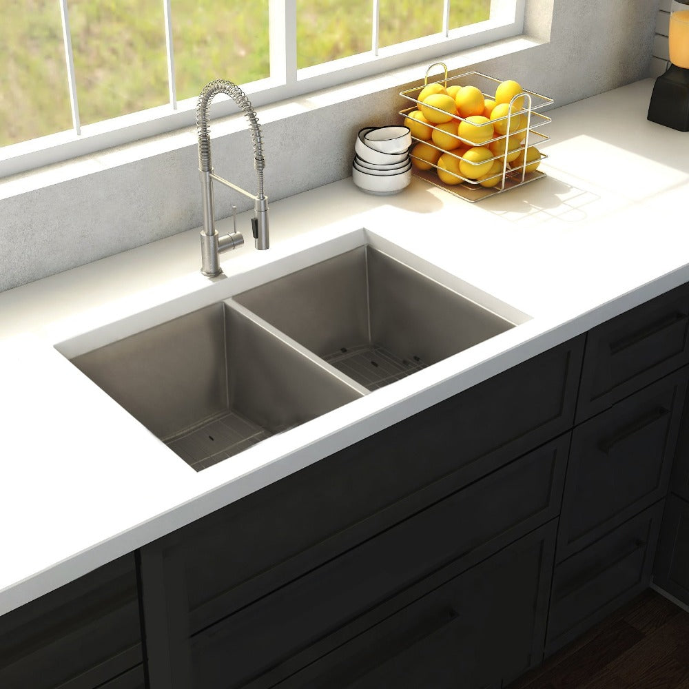 ZLINE Anton 33 in. Undermount Double Bowl Stainless Steel Kitchen Sink with Bottom Grid (SR50D-33) in a farmhouse kitchen, above.