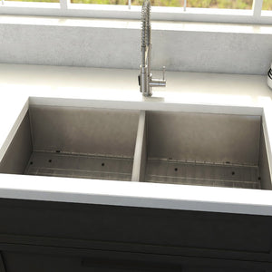 ZLINE Anton 33 in. Undermount Double Bowl Stainless Steel Kitchen Sink with Bottom Grid (SR50D-33) in a farmhouse kitchen, close-up.